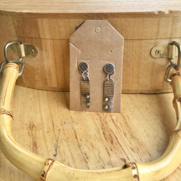 Handmade Recycled Sterling Silver Earrings – Hatch Mark Texture, Patina Finish - Picture 2 of 4